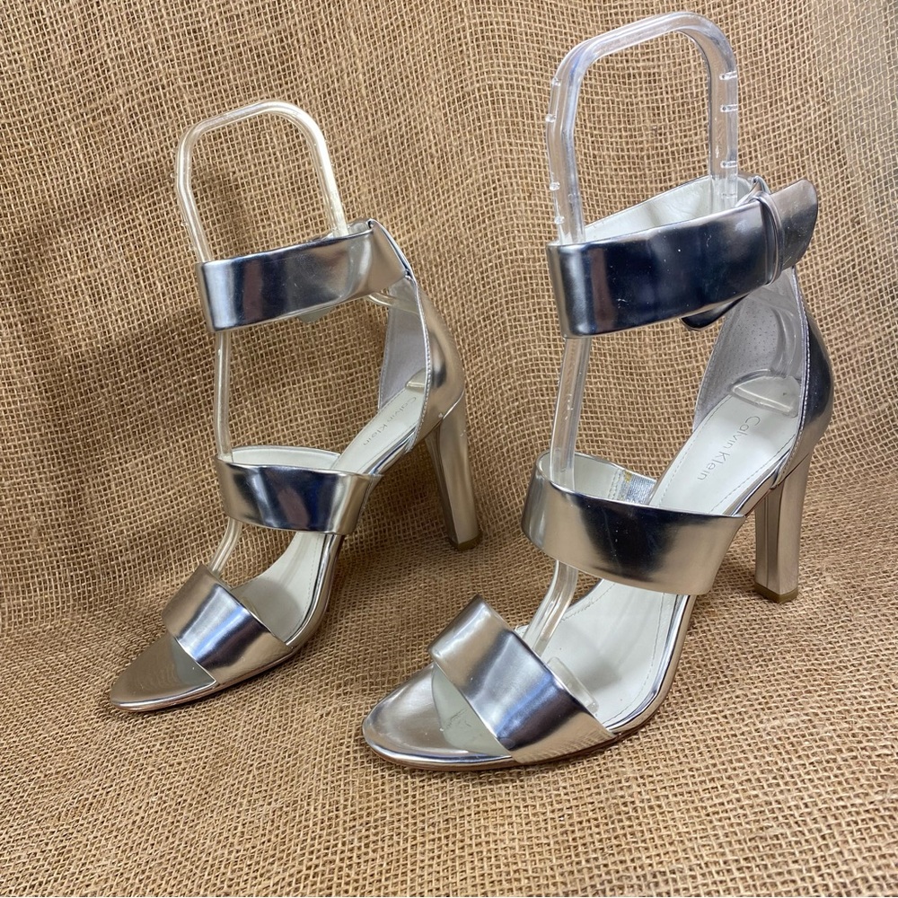 Silver Sandal High Heels Strap CALVIN KLEIN Open Toe Ankle Strap Size 9.5 M